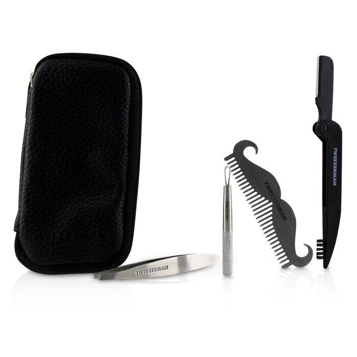 Tweezerman G.E.A.R. Travel Tool Essentials Set: Mini Slant Tweezer + Mini Skin Care Tool + Moustache Comb + Precision Folding Razor + Bag 4pcs+1 Bag - Image 2