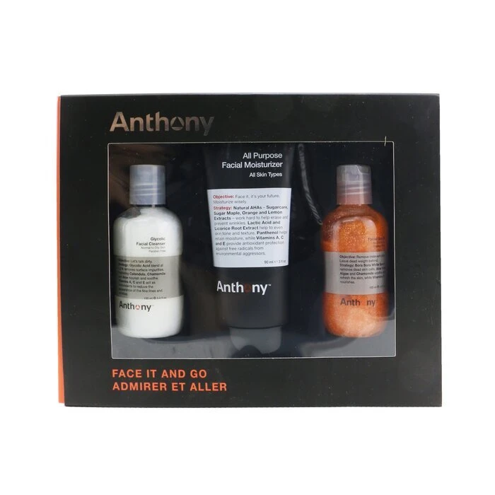 Anthony Face It & Go Kit: Glycolic Facial Cleanser 100ml + All Purpose Facial Moisturizer 90ml + Facial Scrub 100ml 3pcs