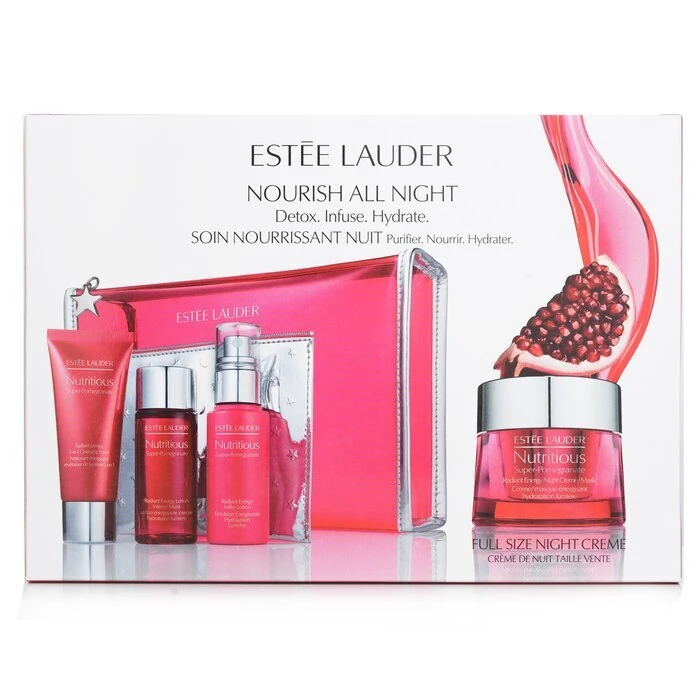 Estee Lauder Nutritious Super-Pomegranate Nourish All Night Set: Night Creme+ Milky Lotion+ Lotion Intense Moist+ Cleansing Form... 4pcs+2bags - Image 3