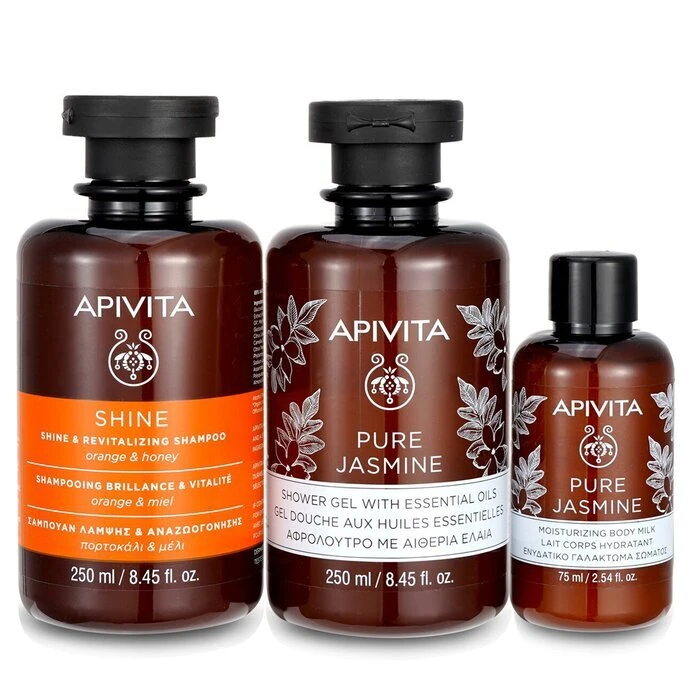 Apivita Holly Jolly Treats Set: Shine & Revitalizing Shampoo 250ml+ Pure Jasmine Shower Gel 250ml+ Pure Jasmine Body Milk 75ml 3pcs - Image 2