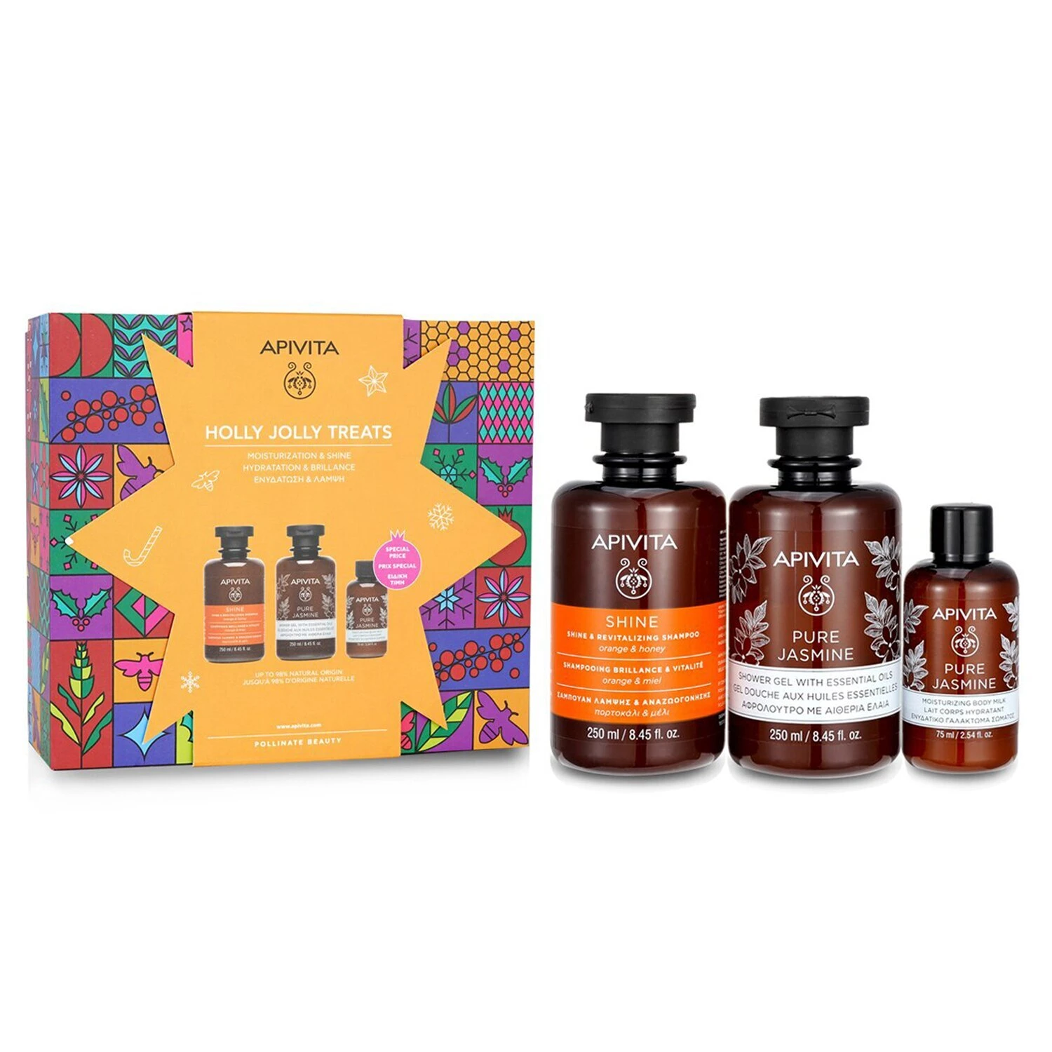 Apivita Holly Jolly Treats Set: Shine & Revitalizing Shampoo 250ml+ Pure Jasmine Shower Gel 250ml+ Pure Jasmine Body Milk 75ml 3pcs