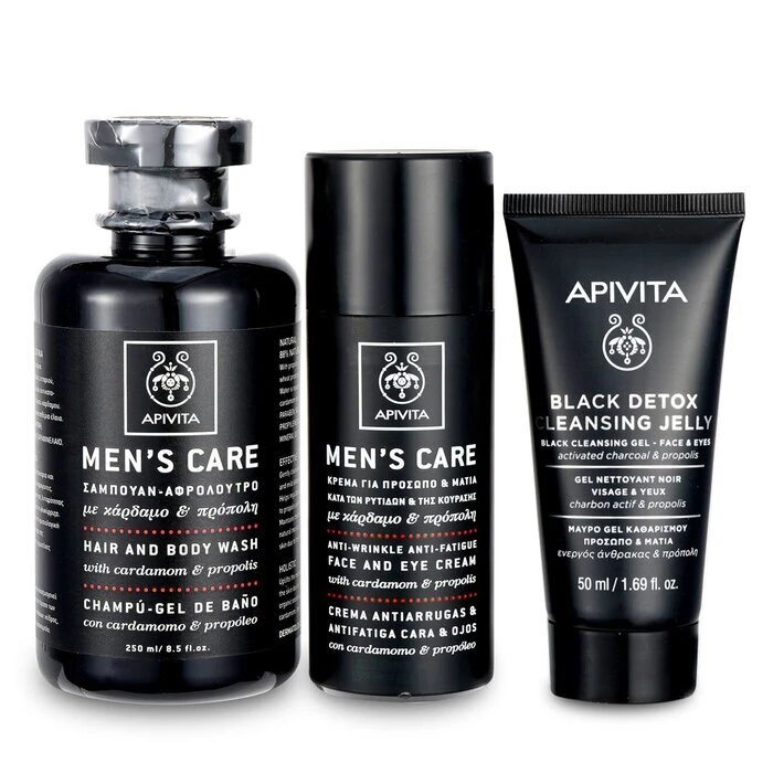 Apivita That's My Man Face & Body Treatment Set: Hair & Body Wash 250ml + Face & Eye Cream 50ml + Black Cleansing Gel 50ml 3pcs - Image 2