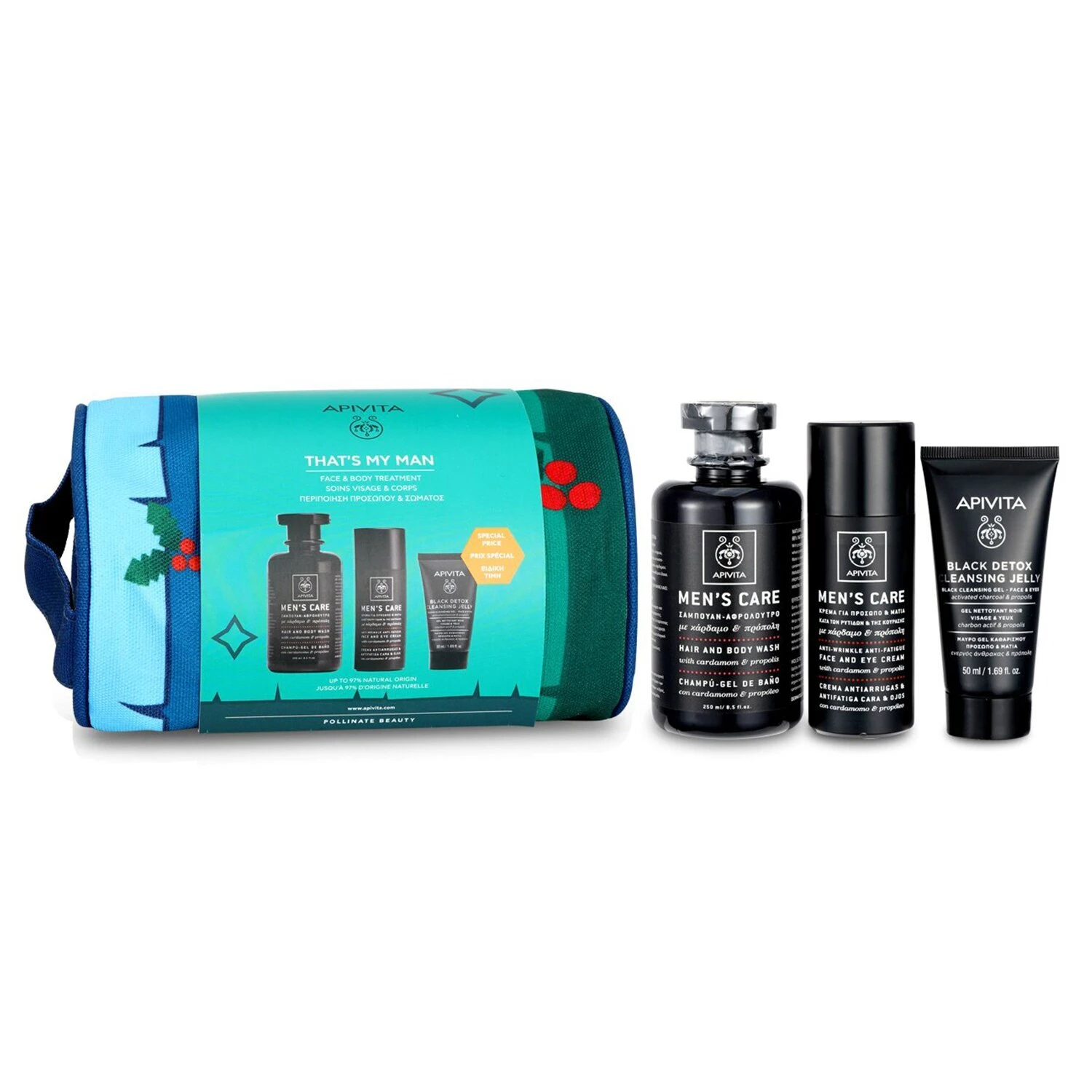 Apivita That's My Man Face & Body Treatment Set: Hair & Body Wash 250ml + Face & Eye Cream 50ml + Black Cleansing Gel 50ml 3pcs