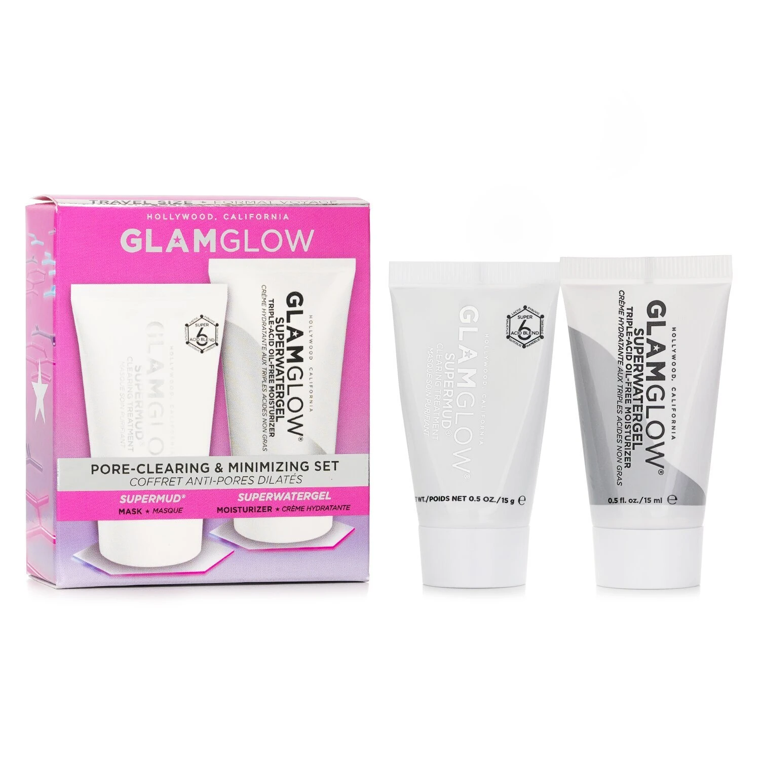 Glamglow Pore-Clearing & Minimizing Set: Supermud Clearing Treatment 15g + Superwatergel Moisturizer 15ml 2pcs